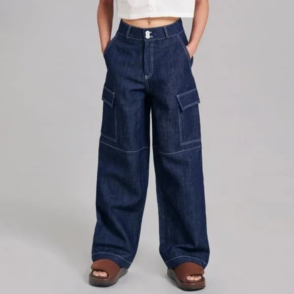 The Frankie Shop Lomi Cargo Womens Small Blue Denim Wide Leg Linen Utility Pants